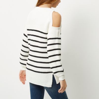 White stripe cold shoulder knit jumper
